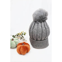 Solid Ribbed Knit Warm Fluffy Pom Beanies