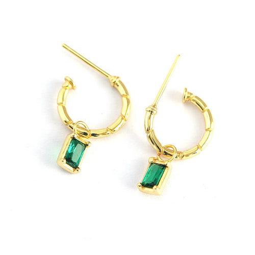 Gold and Square Emerald Toned Hoop Earrings