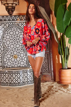 Red Floral V-Neck Dolman Puff Sleeves Blouse Top