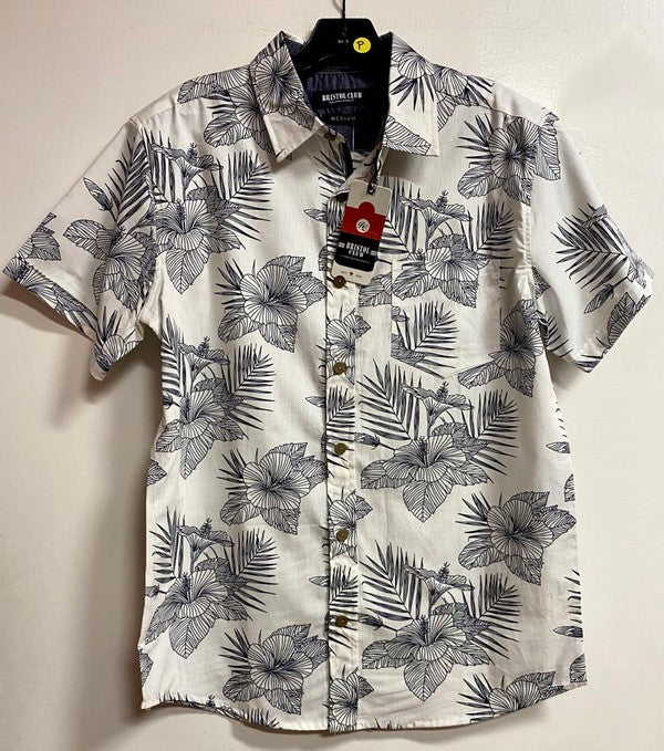 Off White with Black Palms Button Down Short Sleeves Hawaiian Shirt