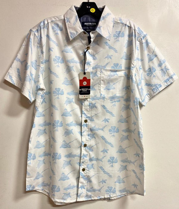 White with Light Blue Aquatic Button Down Short Sleeves Hawaiian Shirt