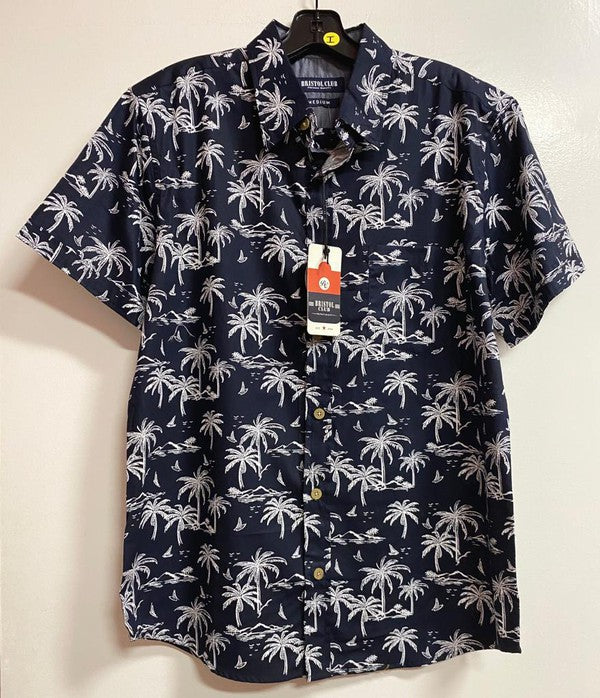 Black & Grey Palms Button Down Short Sleeves Hawaiian Shirt
