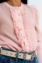 Pink Chiffon Ruffle Button Up Blouse