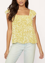 Yellow and White Daisy Floral Top with Ruffle and Lace Sleeve Details