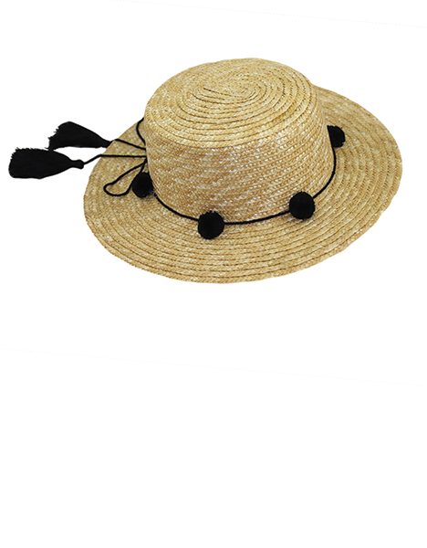 Straw Boater with Poms band, 2.75